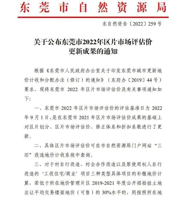 东莞市印发2022年区片市场评估价更新成果的通知